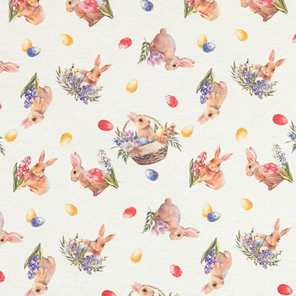 Jacquard-Tischdecke aus beschichteter Baumwolle in Beige mit Osterhasen, bunten Ostereiern und Tulpen in zarten Pastellfarben, fleckenabweisend und frühlingshaft gestaltet