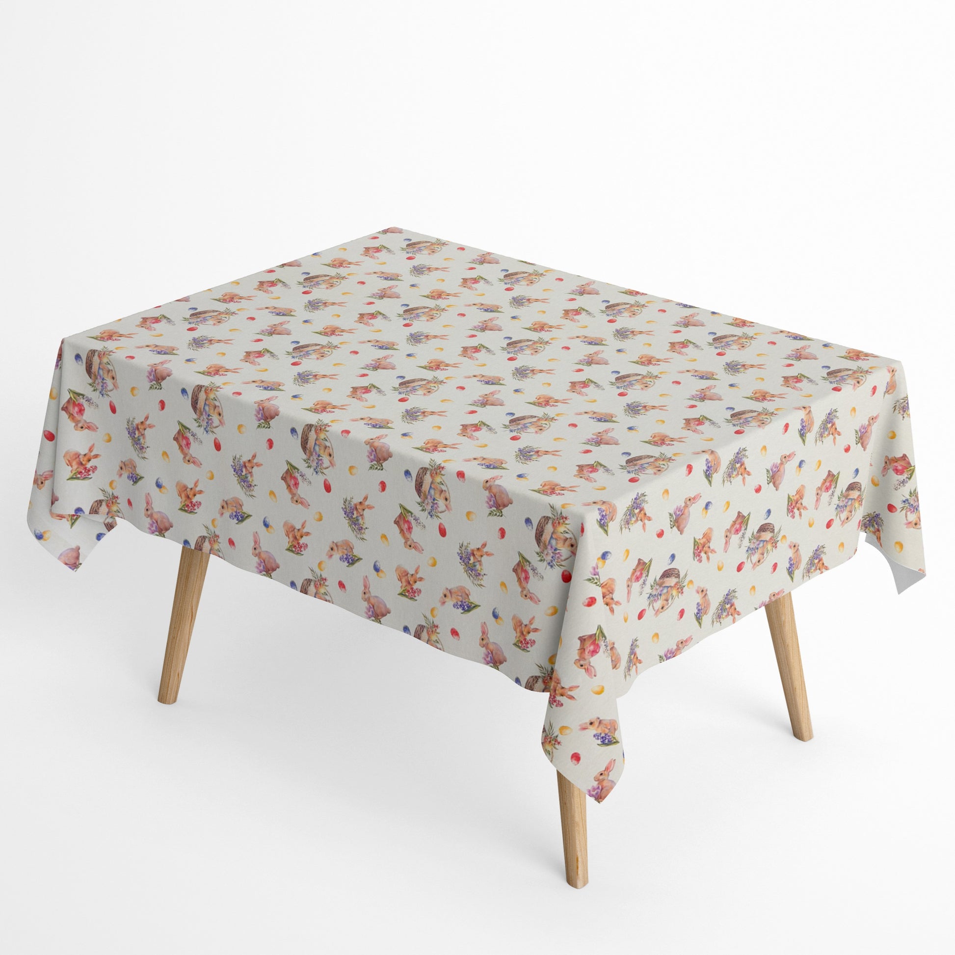 Jacquard-Tischdecke aus beschichteter Baumwolle in Beige mit Osterhasen, bunten Ostereiern und Tulpen in zarten Pastellfarben, fleckenabweisend und frühlingshaft gestaltet