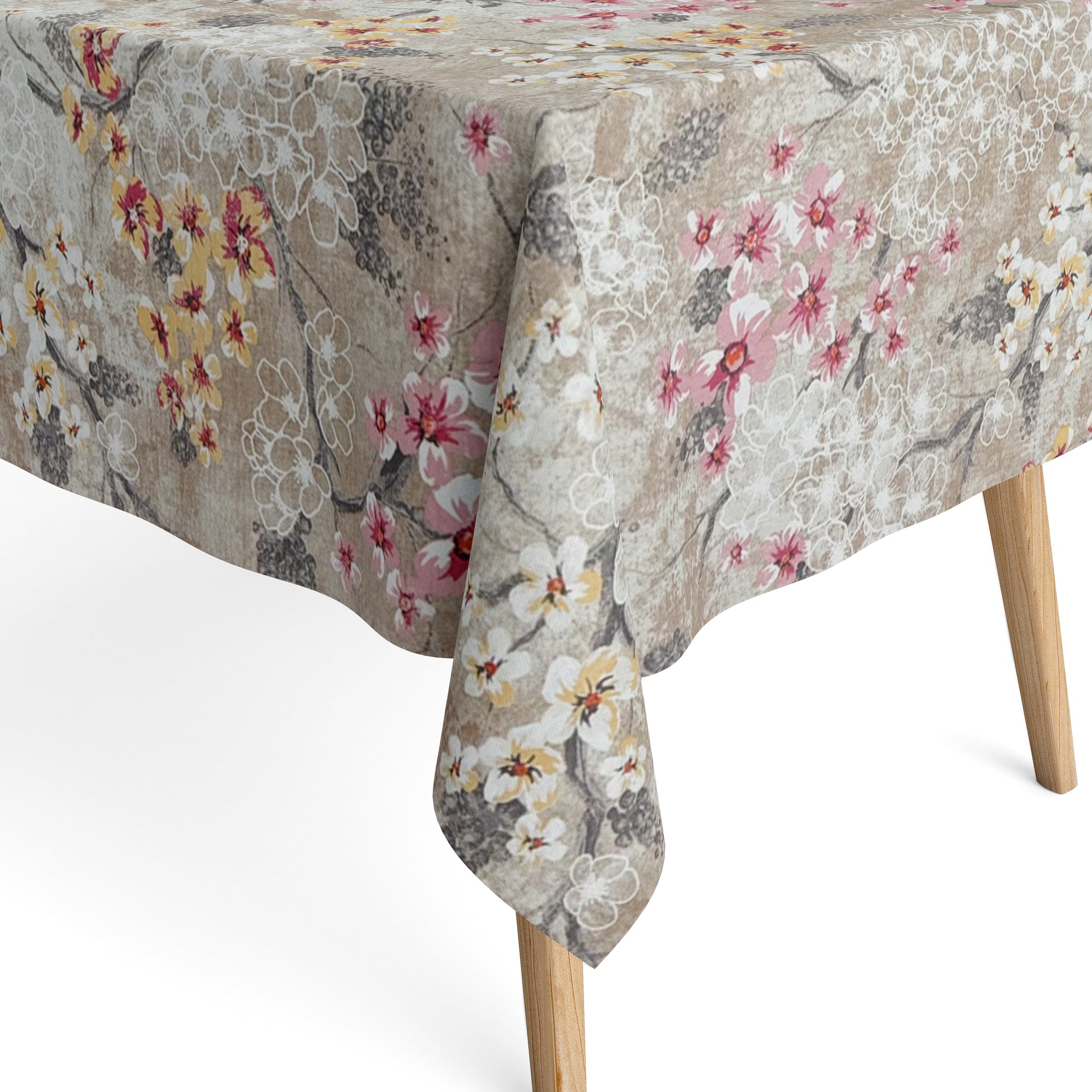 Beschichtete Baumwoll-Tischdecke mit Fleckenschutz im Design ROVIERA, naturfarbener Hintergrund mit zarten Kirschblüten in Weiß, Rosa und Creme auf filigranen Zweigen sowie dekorativen floralen Konturen in Beige- und Grautönen.