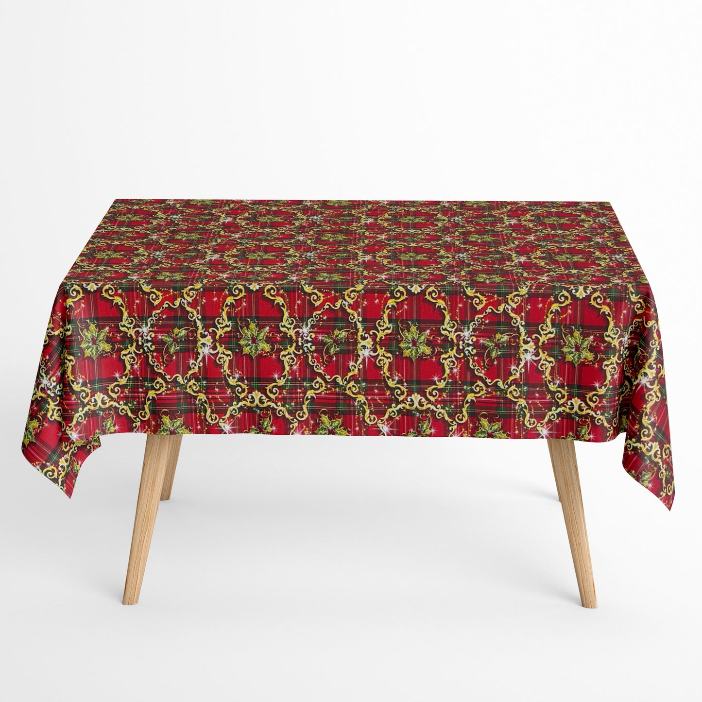 Tischdecke aus beschichteter Baumwolle Weihanchten kariert Ornamente rot