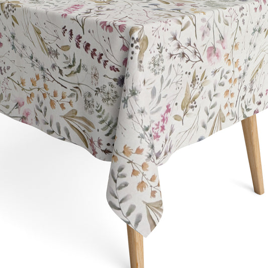 Jacquard Tischdecke aus beschichteter Baumwolle mit zartem, naturinspiriertem Blumen- und Zweigmuster in sanften Pastelltönen, fleckenabweisend und pflegeleicht.