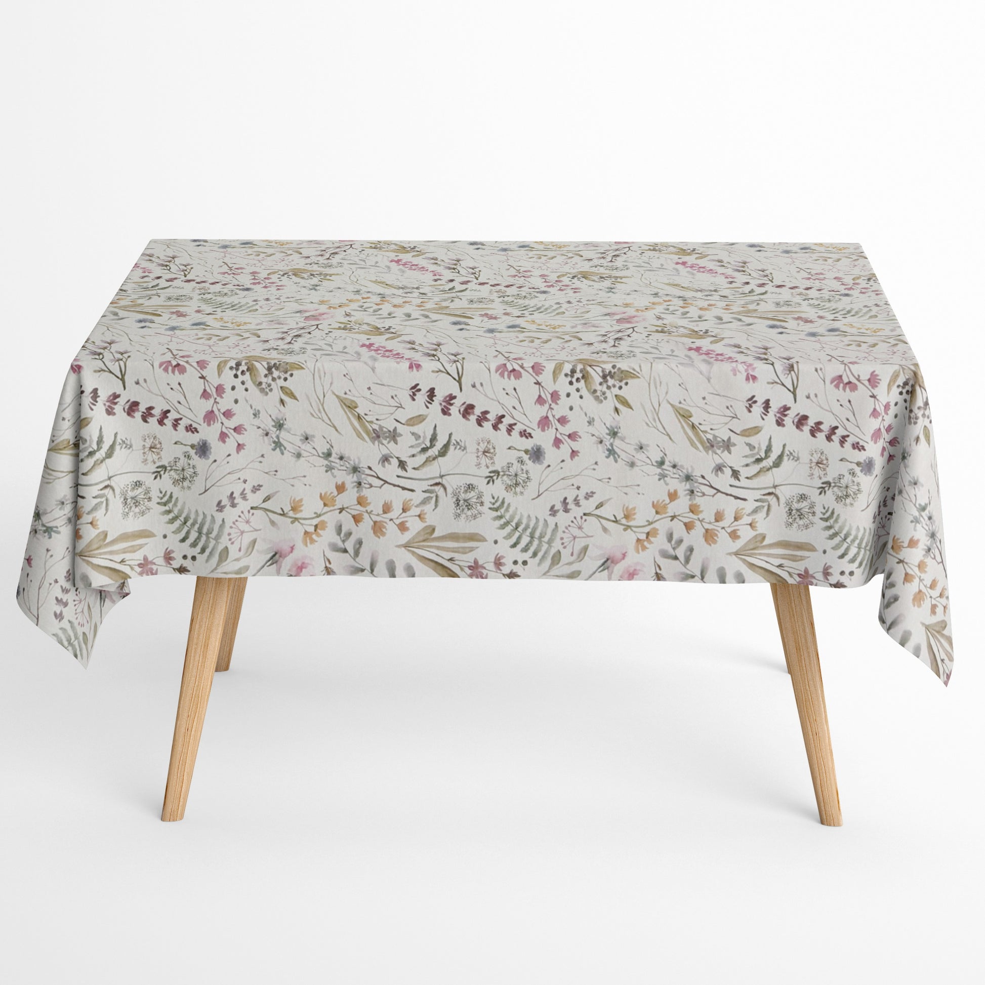 Jacquard Tischdecke aus beschichteter Baumwolle mit zartem, naturinspiriertem Blumen- und Zweigmuster in sanften Pastelltönen, fleckenabweisend und pflegeleicht.