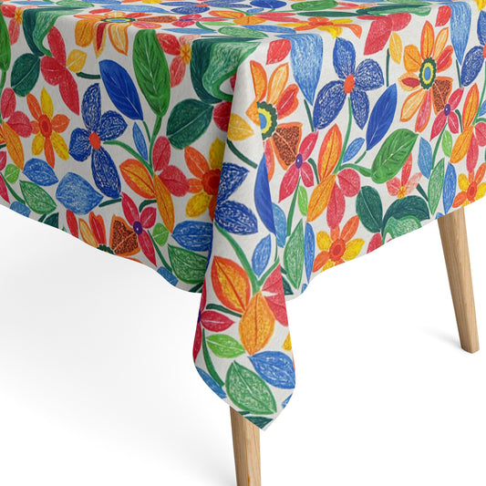  Die jacquard beschichtete Baumwolltischdecke zeigt ein lebendiges florales Muster mit stilisierten Blumen und Blättern in kräftigen Farben wie Rot, Blau, Gelb und Grün. 