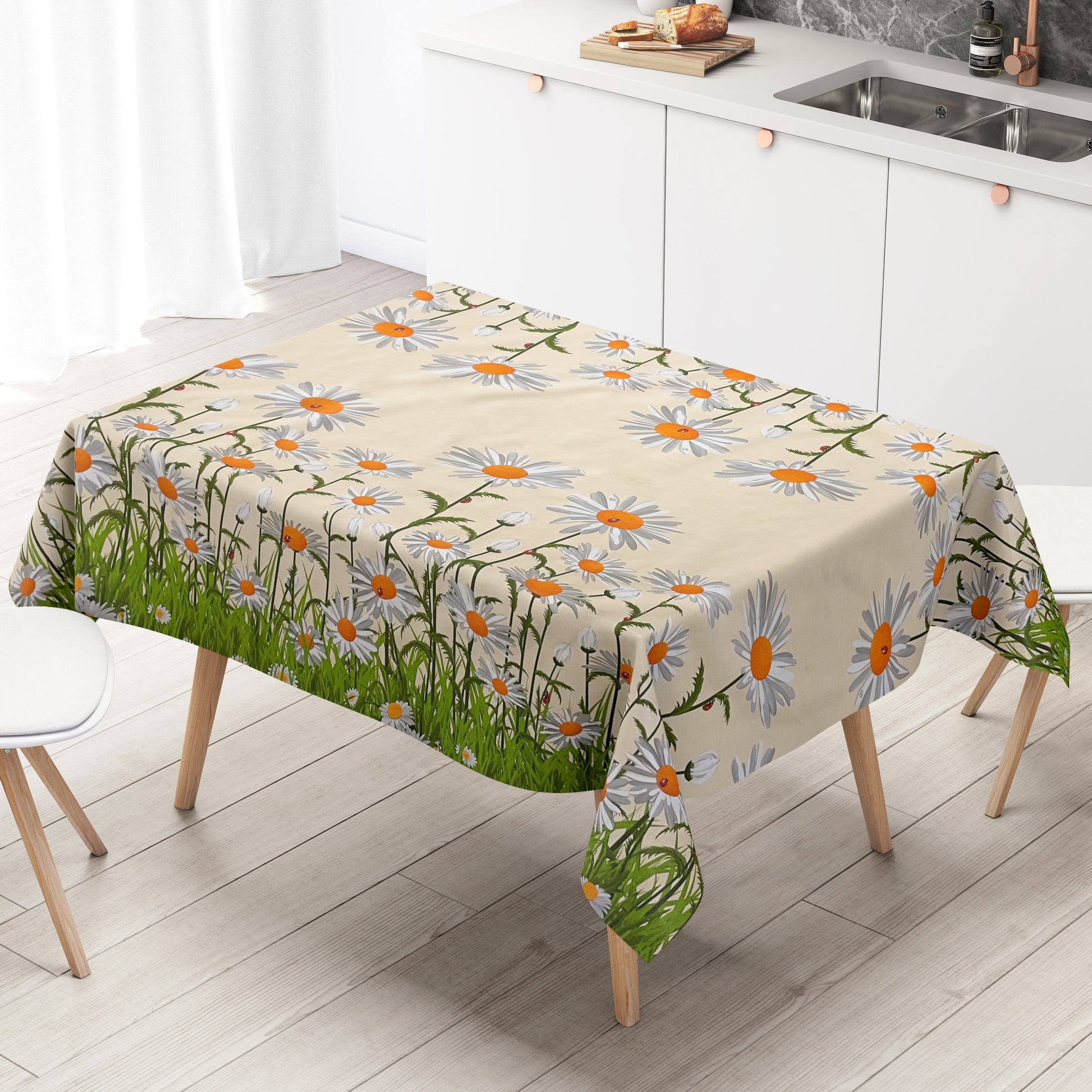 abwaschbare Wachstuch Tischdecke Bordürenmuster Gänseblümchen Blüten kevkus 