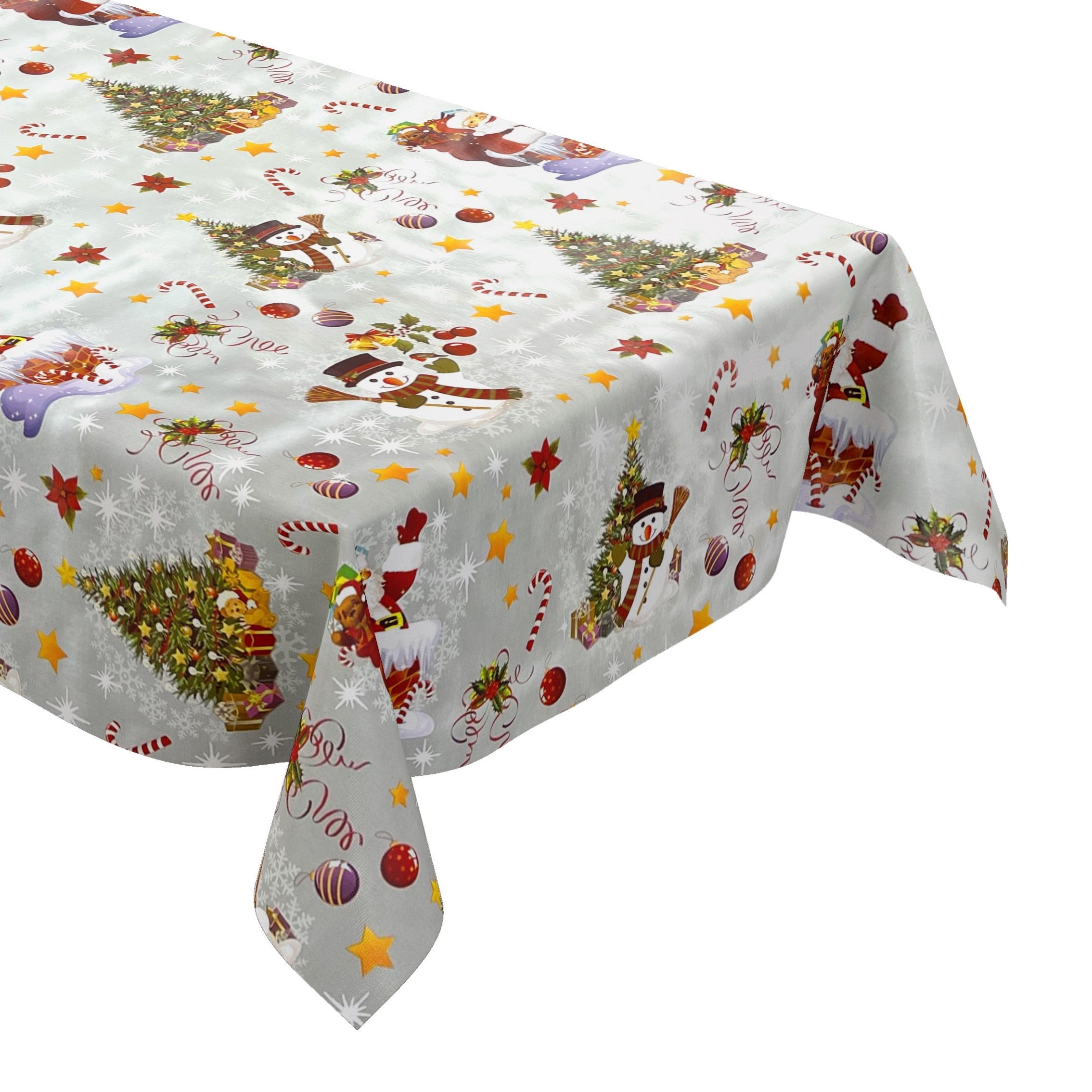 KEVKUS Wachstuch Tischdecke – Schneemann & Tannenbaum Design, Weihnachtstischdeko Silber – 70x240 Cm, Eckig, Mit Fleece-Rückseite