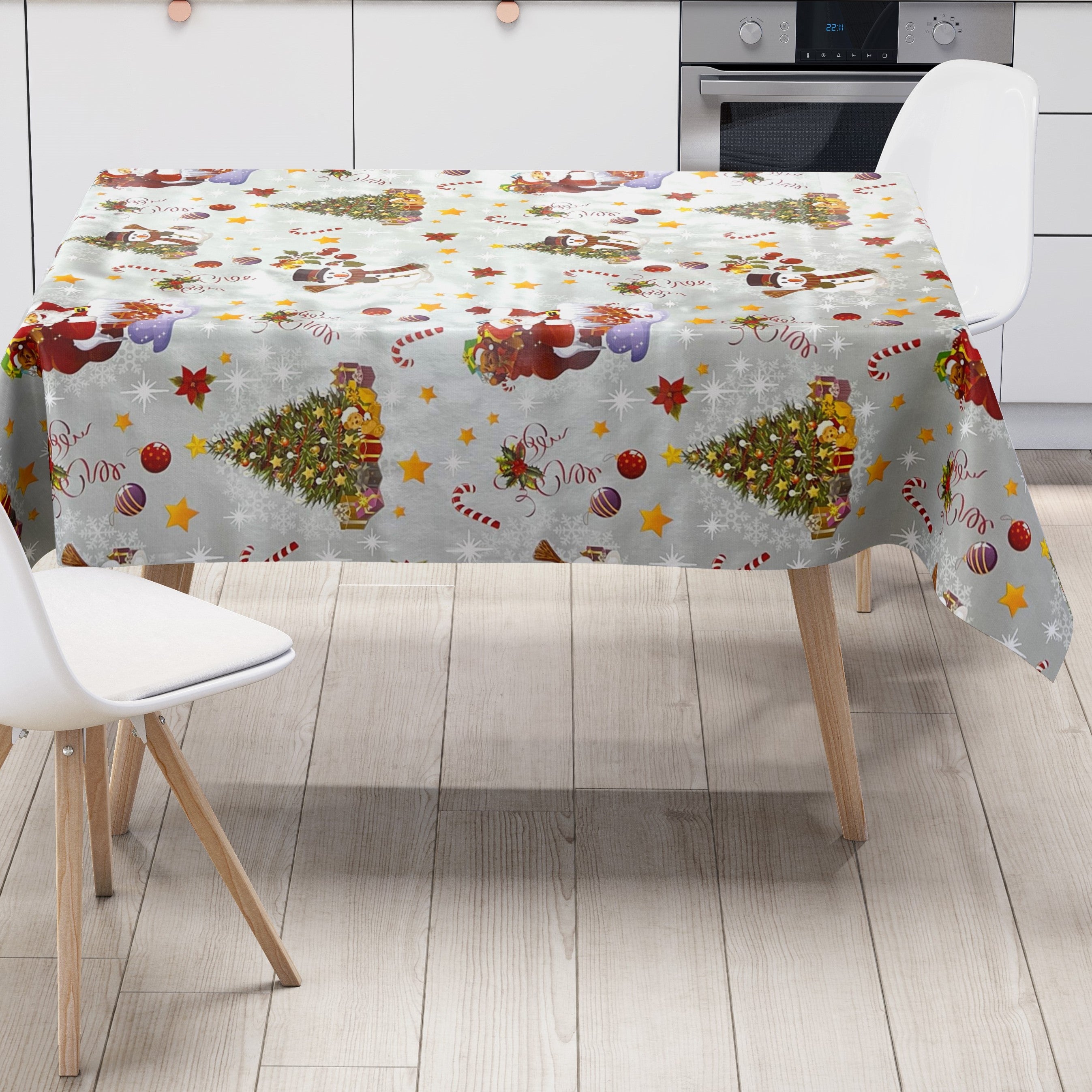 KEVKUS Wachstuch Tischdecke – Schneemann & Tannenbaum Design, Weihnachtstischdeko Silber – 70x240 Cm, Eckig, Mit Fleece-Rückseite