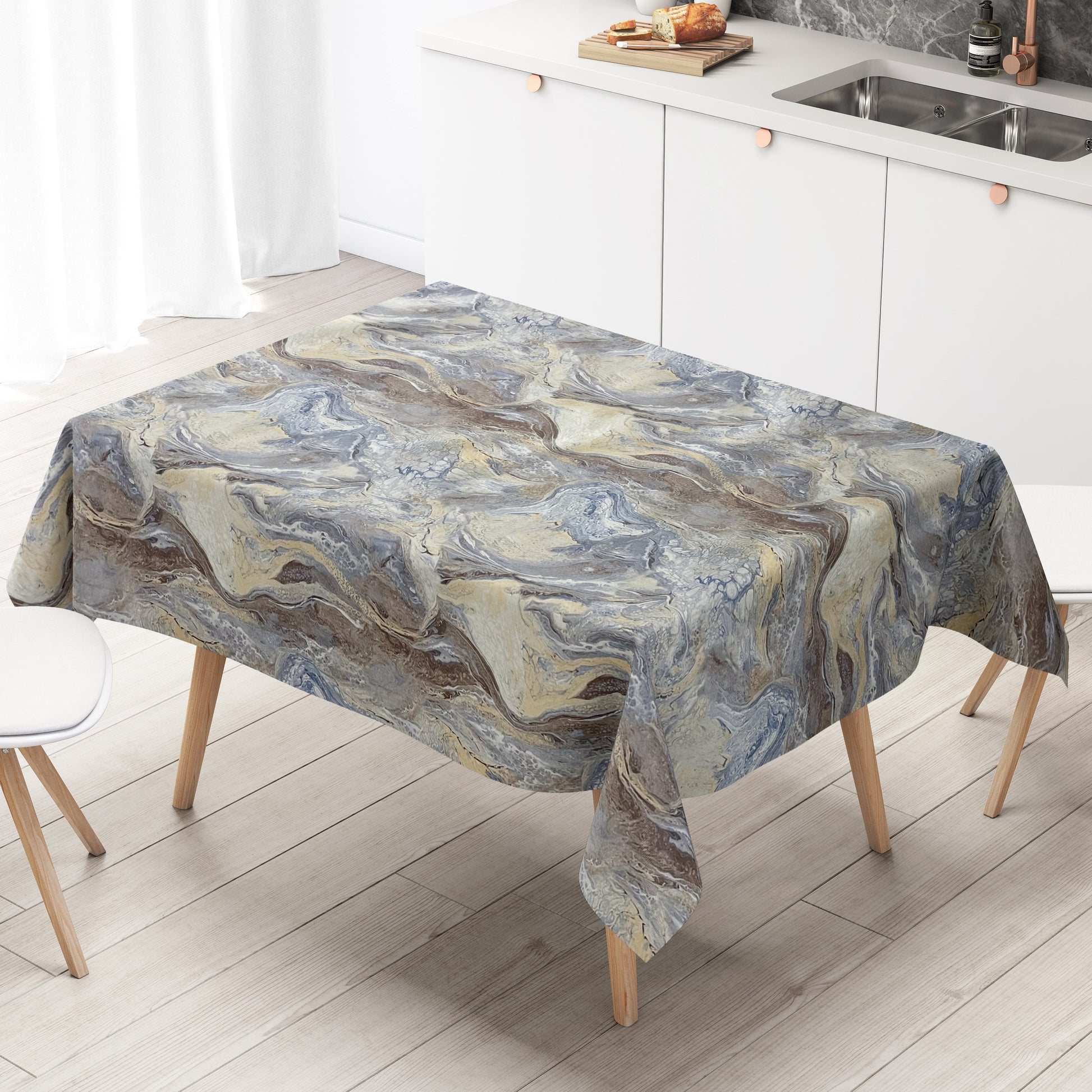 Wachstuch Tischdecke marmoriert blau braun beige