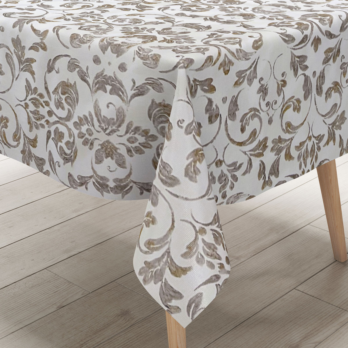 Wachstuch Tischdecke B4014-01 barocke Linien gold silber auf weiss eck –