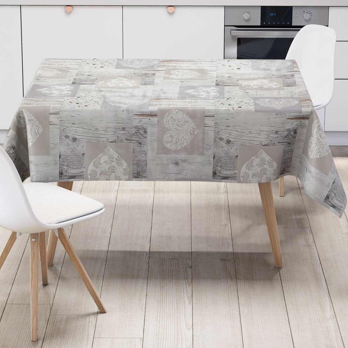Wachstuch Tischdecke B4026-01 Herzen Holz Alm weiß beige eckig rund ov –
