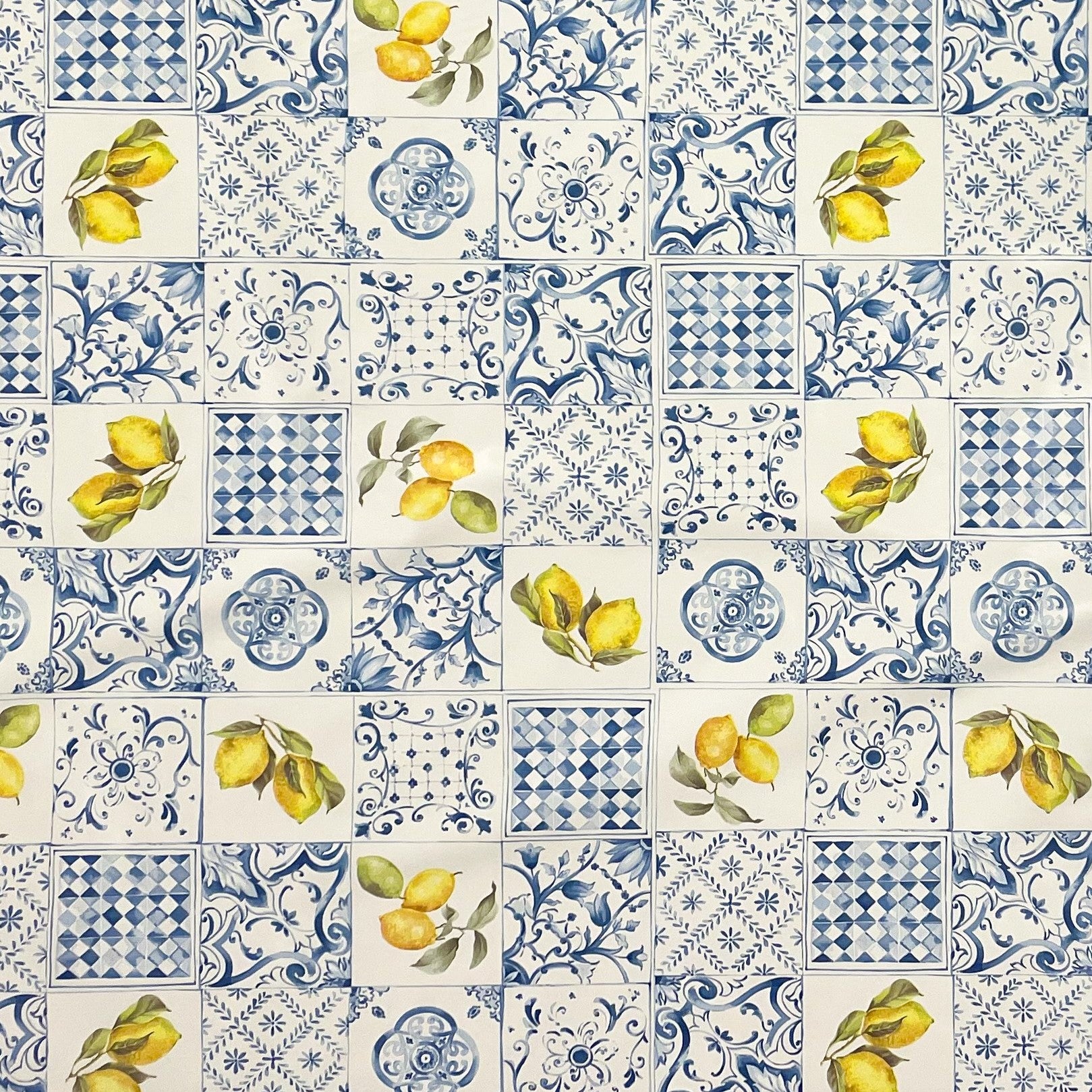 Wachstuch Tischdecke Fliesen blau Bürgel Zitrone