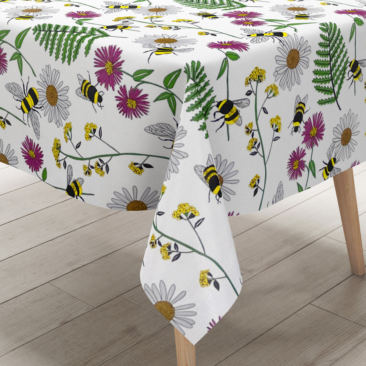 Wachstuch Tischdecke K150205 bunte Blüten und Bienen auf weiß eckig ru –
