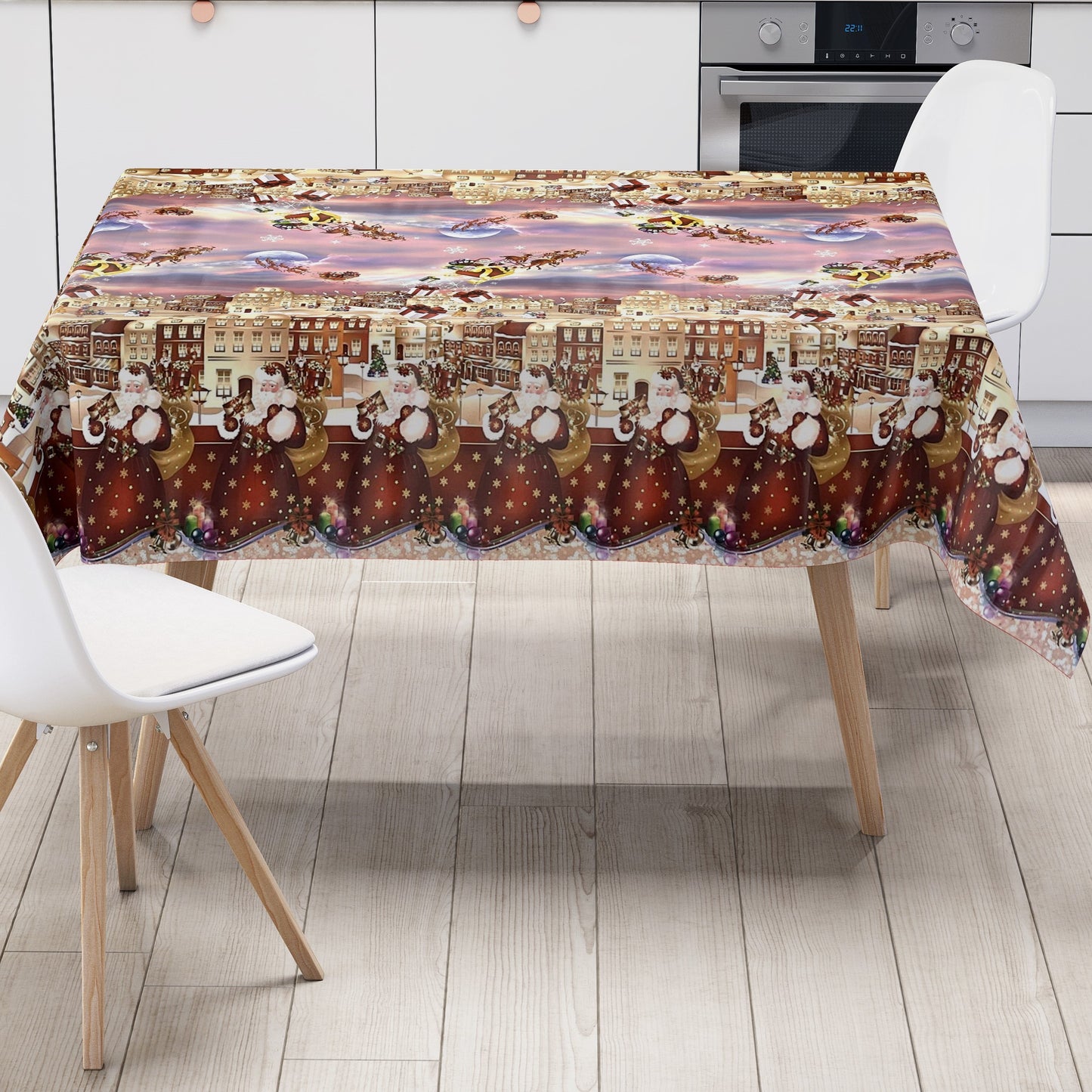 Nappe en toile cirée KEVKUS Noël K25B motif bordure hiver village carré rond ovale